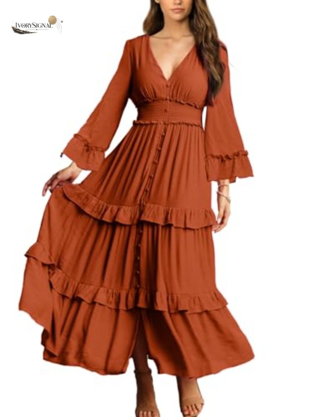 Boho V Neck Long Sleeve Tiered Maxi Dress